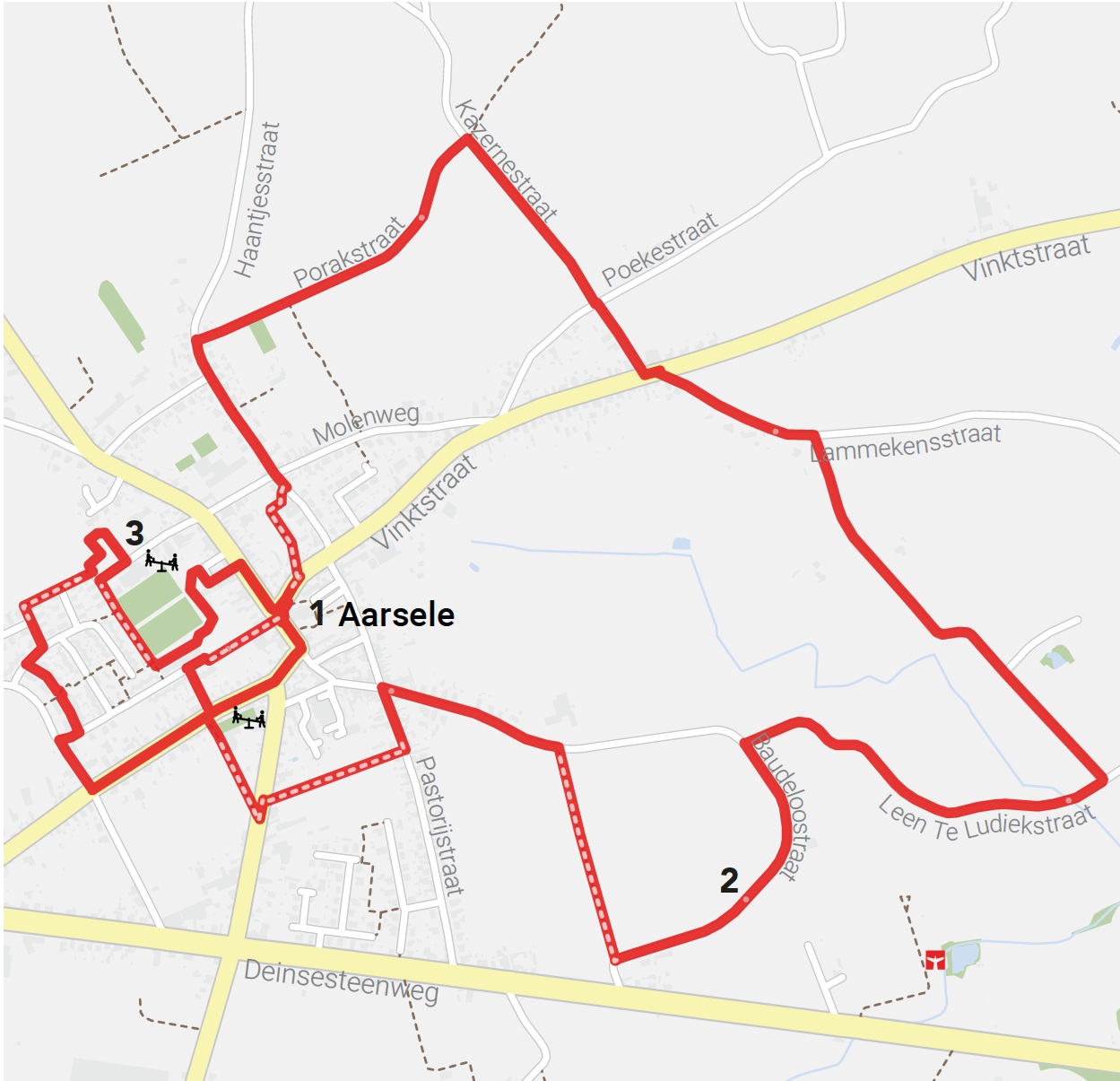 Kaart met rode route langs straten rond Aarsele, met genummerde punten en omliggende wegen.