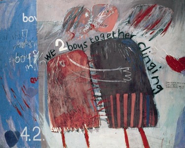 Abstract schilderij met rode en zwarte figuur, schetslijnen, tekstfragmenten en blauwe achtergrond.