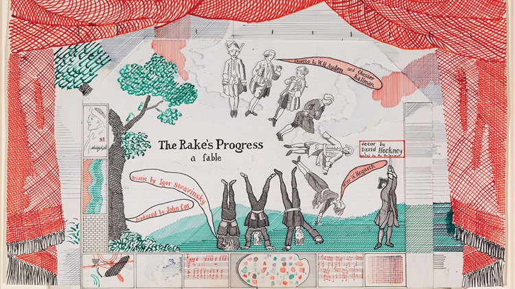 Collage met theaterachtige scène, dansers en tekst “The Rake’s Progress” onder rode gordijnen.