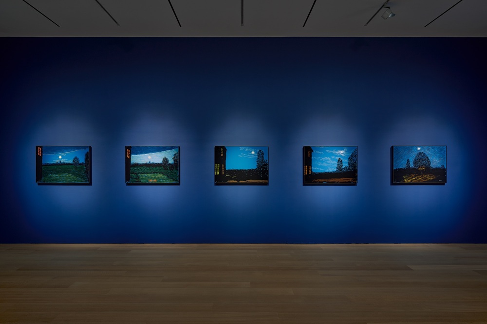 Galerijwand met vijf ingelijste landschapsfoto’s bij nachtelijke blauwe verlichting, houten vloer op de voorgrond.