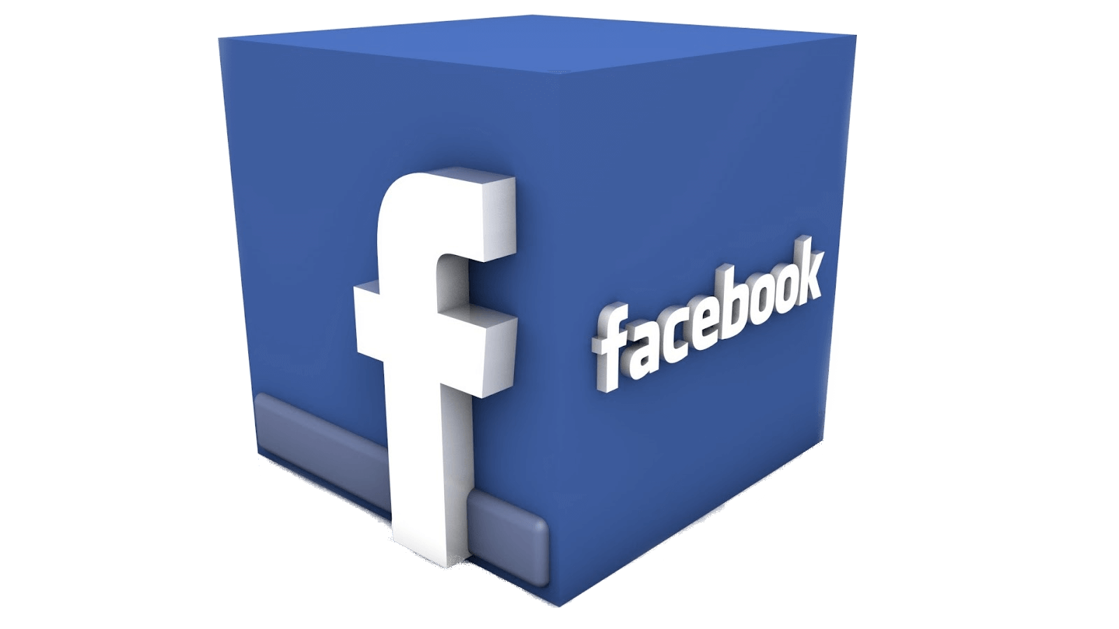 Blauwe 3D kubus met wit Facebook-icoon en tekst, gestileerd met schaduwen en diepte.