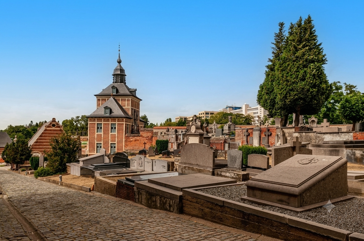 Kerkgebouw met toren naast oude begraafplaats met grafstenen, bakstenen muren en bomen onder blauwe lucht.