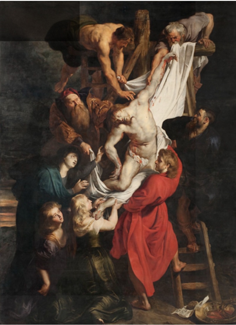 Schilderij met mannen en vrouwen rond een gekruisigd lichaam, dramatische belichting en bloedige wonden.