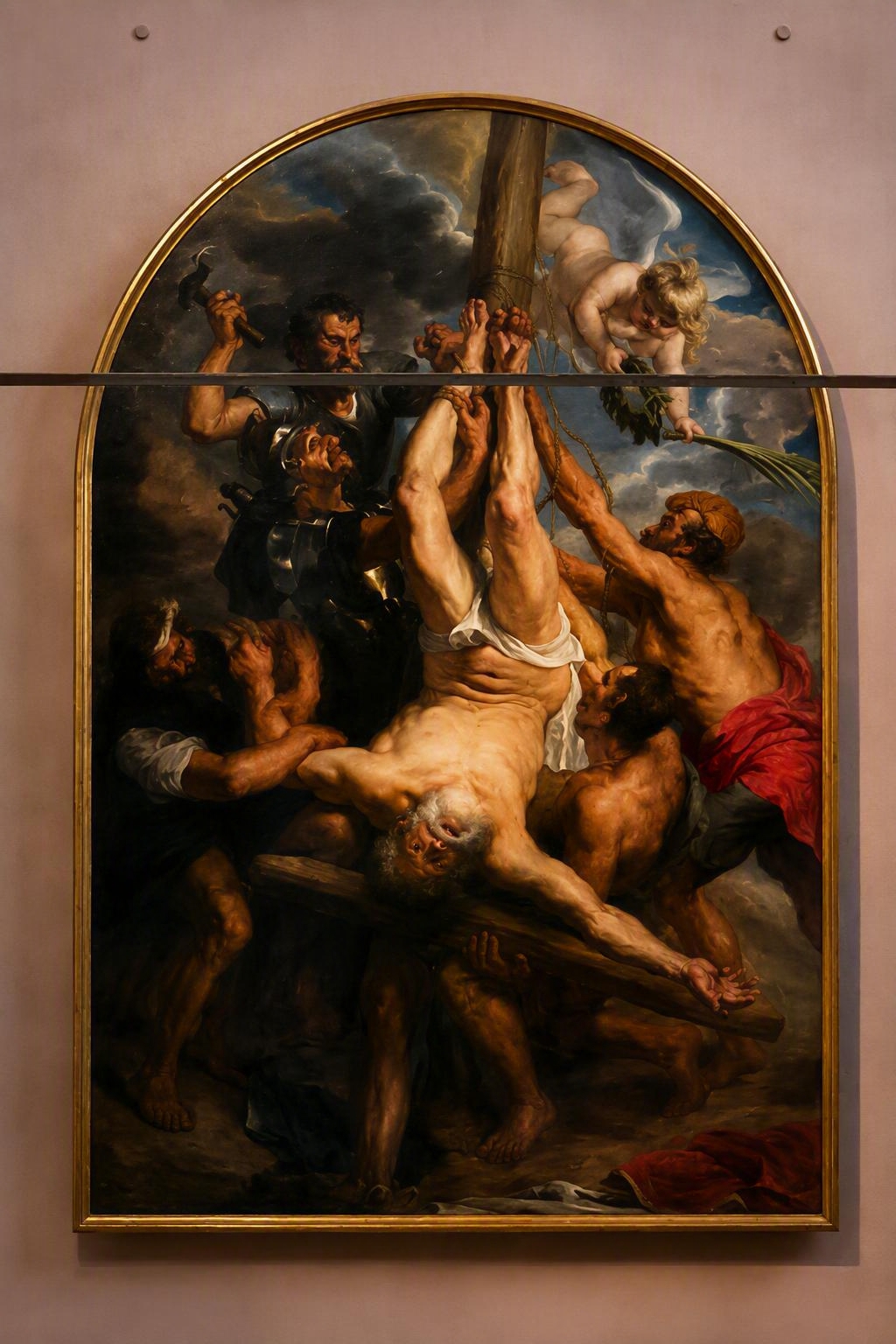 Grote barokke schildering met naakte figuren, marteling en een kruis, omringd door dramatische wolken en wapens.