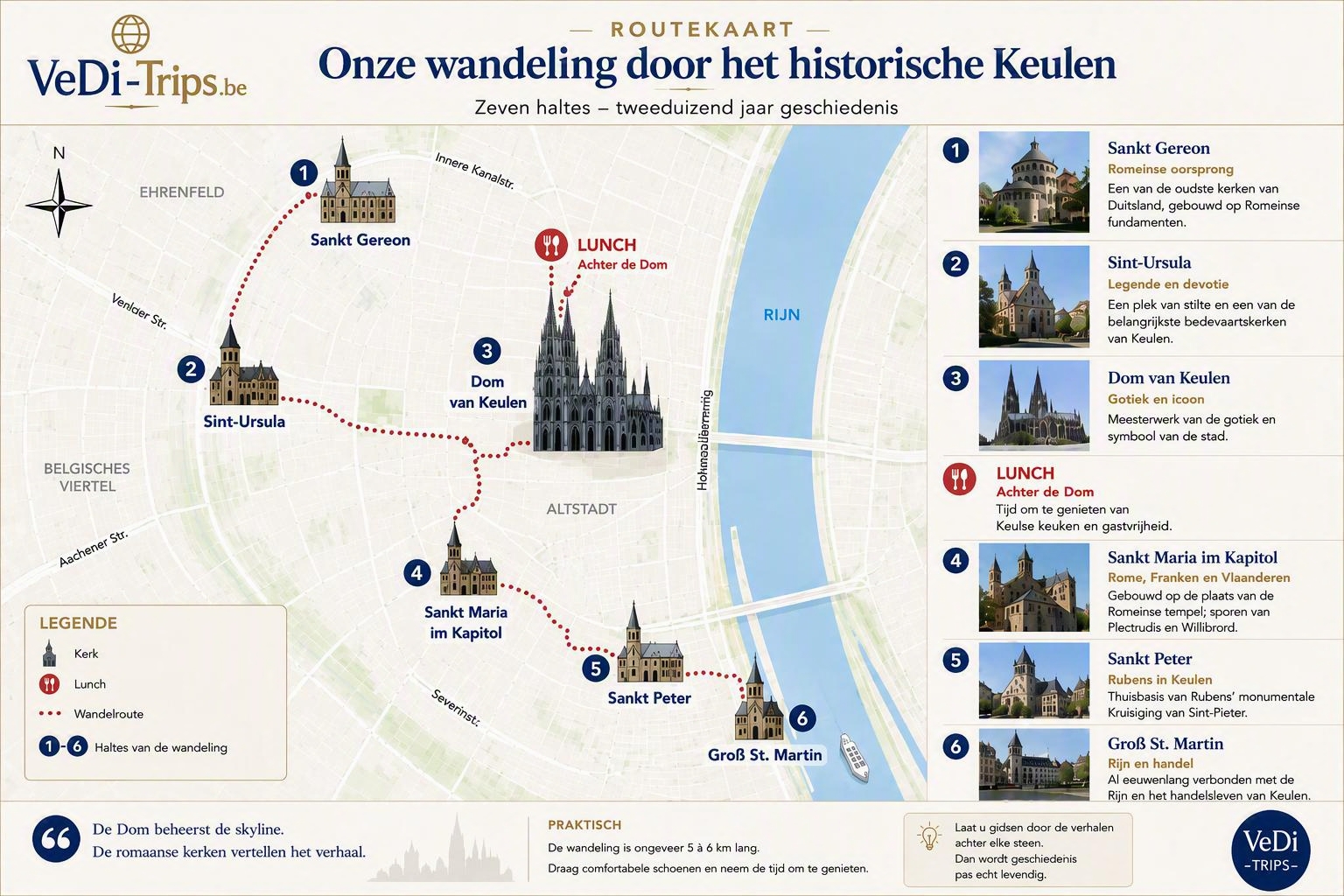 Routekaart met wandelroute door historisch Keulen, met kerken, nummers, lunchstop en Rijn.
