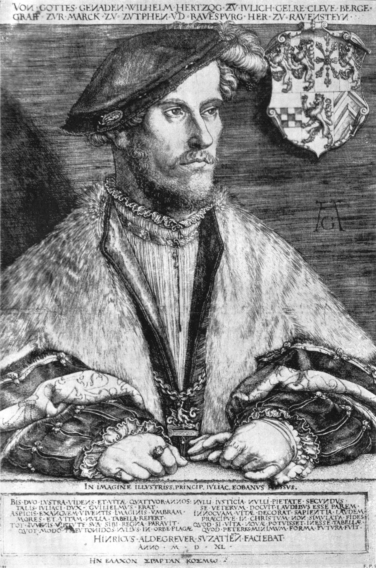 Gravure van een oudere man met hoed, baard en ketting, zittend bij een tafel met boeken.