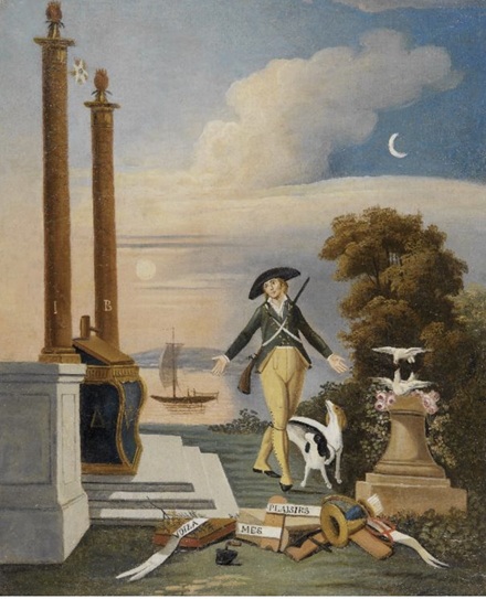 Man in 18e-eeuwse kleding met hond en bloemen bij zuilen, zeilboten en maan aan de horizon.