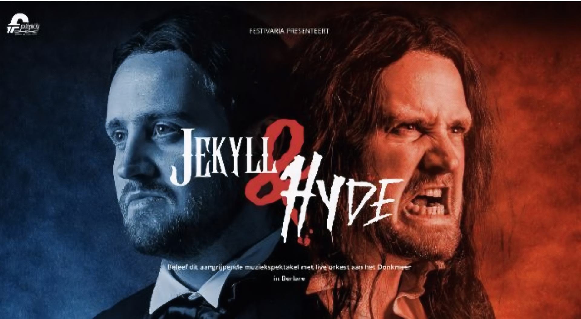 Twee mannen in blauw en rood, met grote tekst “Jekyll & Hyde” en dramatische belichting.