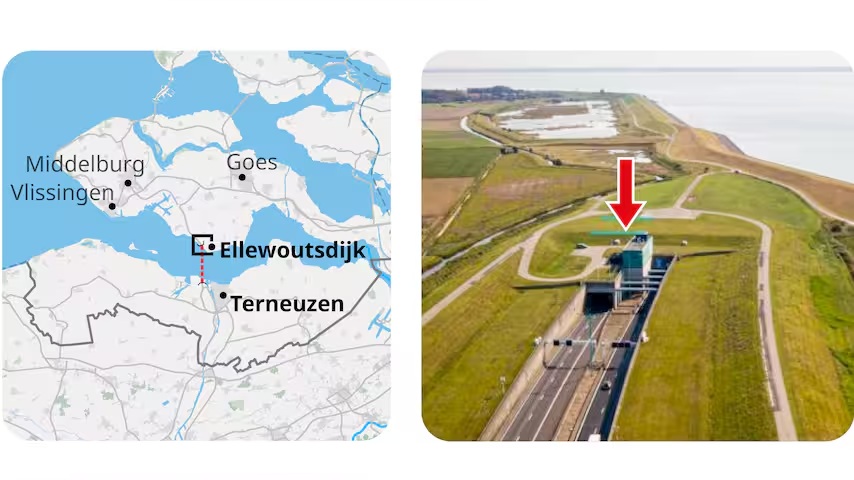 Kaart van Zeeland met locatie Ellewoutsdijk en luchtfoto van snelweg met rode pijl.