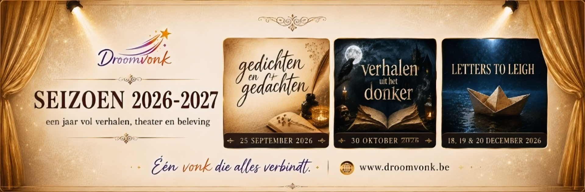 Promotieposter met drie boekenkaarten, kaarsen en sterren, tekst Seizoenen 2026-2027 en data.