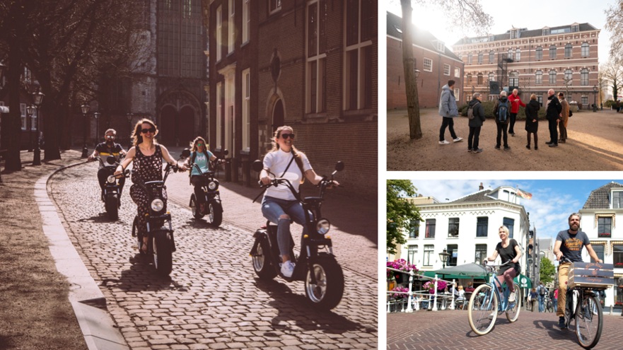 Drie foto’s tonen mensen op fietsen en scooters in een straat met gebouwen en voorbijgangers.