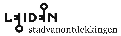 Logo met woord “LEIDEN” en twee zwarte stippen met ringen, met tekst “stad van ontdekkingen”.