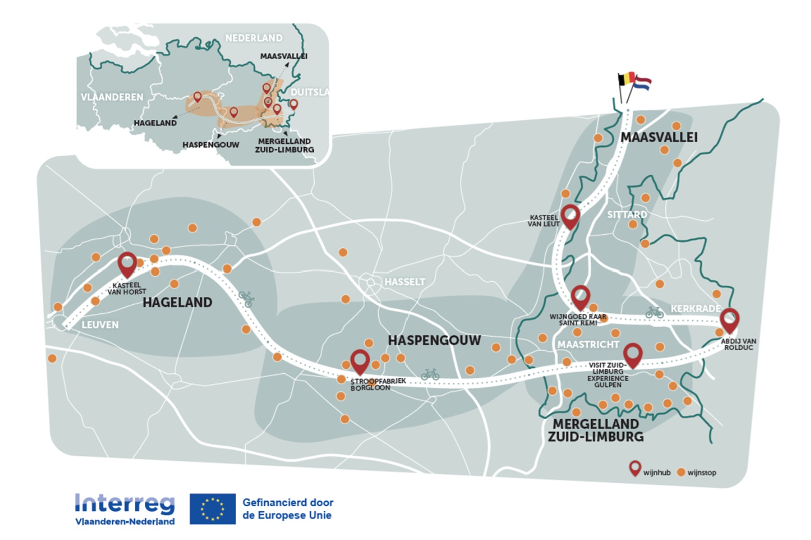 Kaart van Vlaanderen en Zuid-Limburg met wijnroutes, locaties gemarkeerd en Interreg-logo’s onderaan.